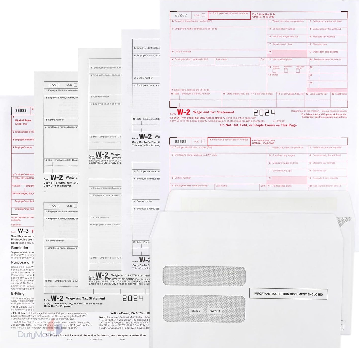 2024 W-2 Tax Forms, 4-Part Kit for 25 Employees, IRS-Compatible with 25 Self-Sealing Envelopes