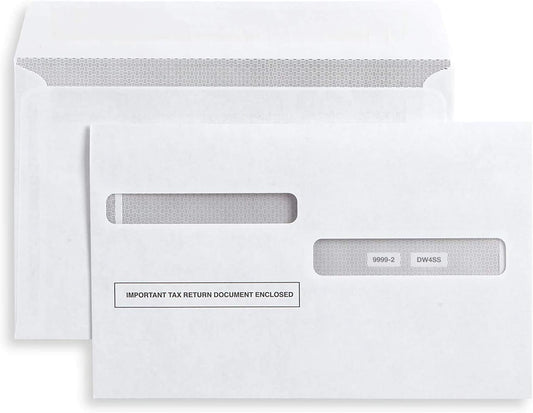 50 W-2 Envelopes, Double Window Self-Seal Security for 4-Up Style W-2 Forms, Pack of 50.