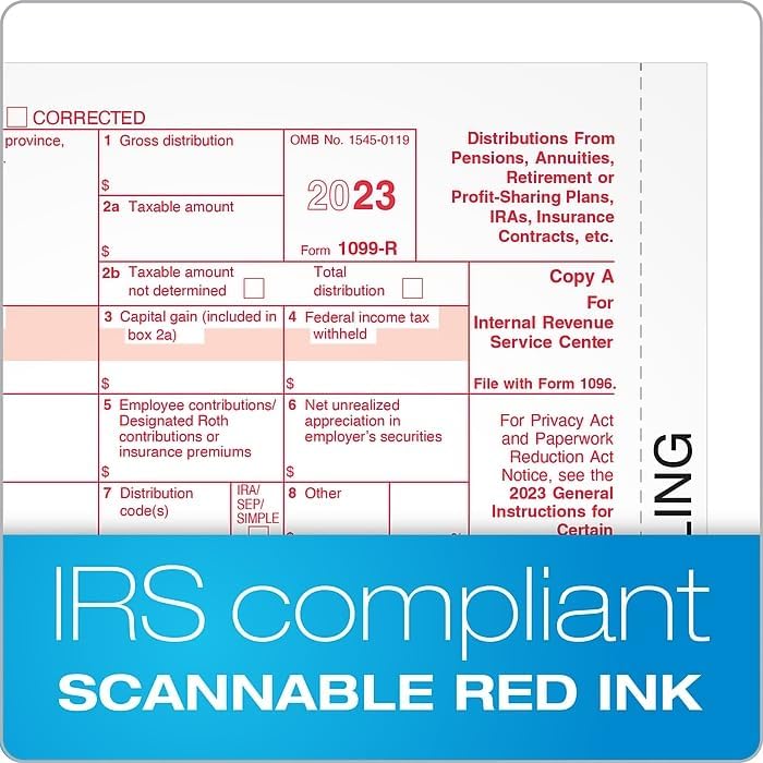 1099- R (distributions) Laser Tax Forms, Federal Copy A 2024, Pack for 25