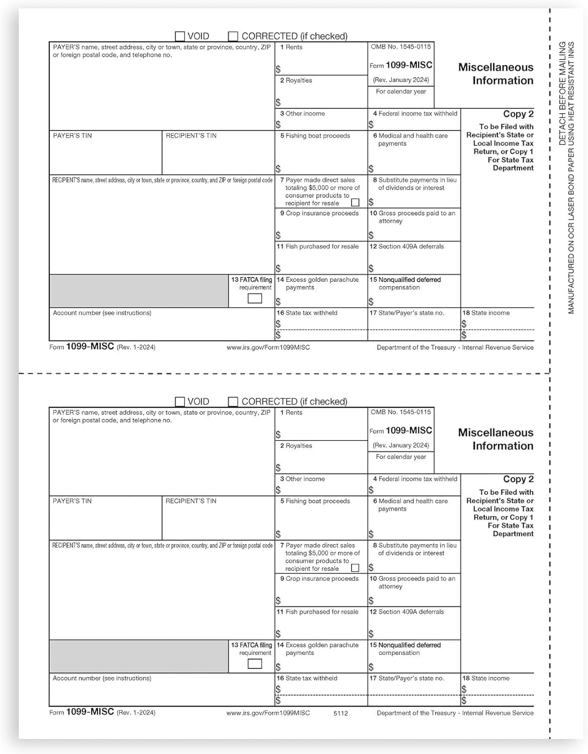 2024 1099-MISC & 1096 Forms, 3-Part Set for 10 Vendors with Envelopes