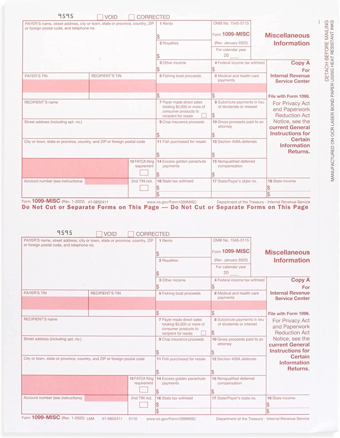 2024 1099-MISC Copy A Forms, 25 Pack