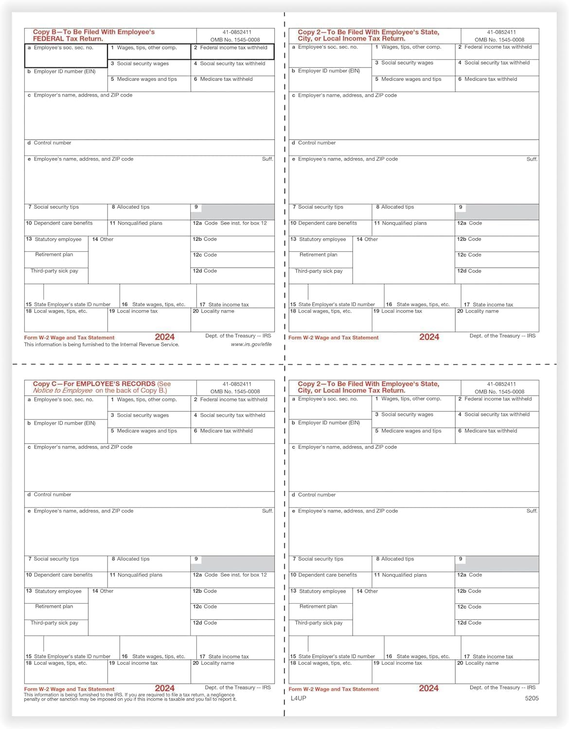 2024 W-2 4-Up Laser Forms, 25 Pack