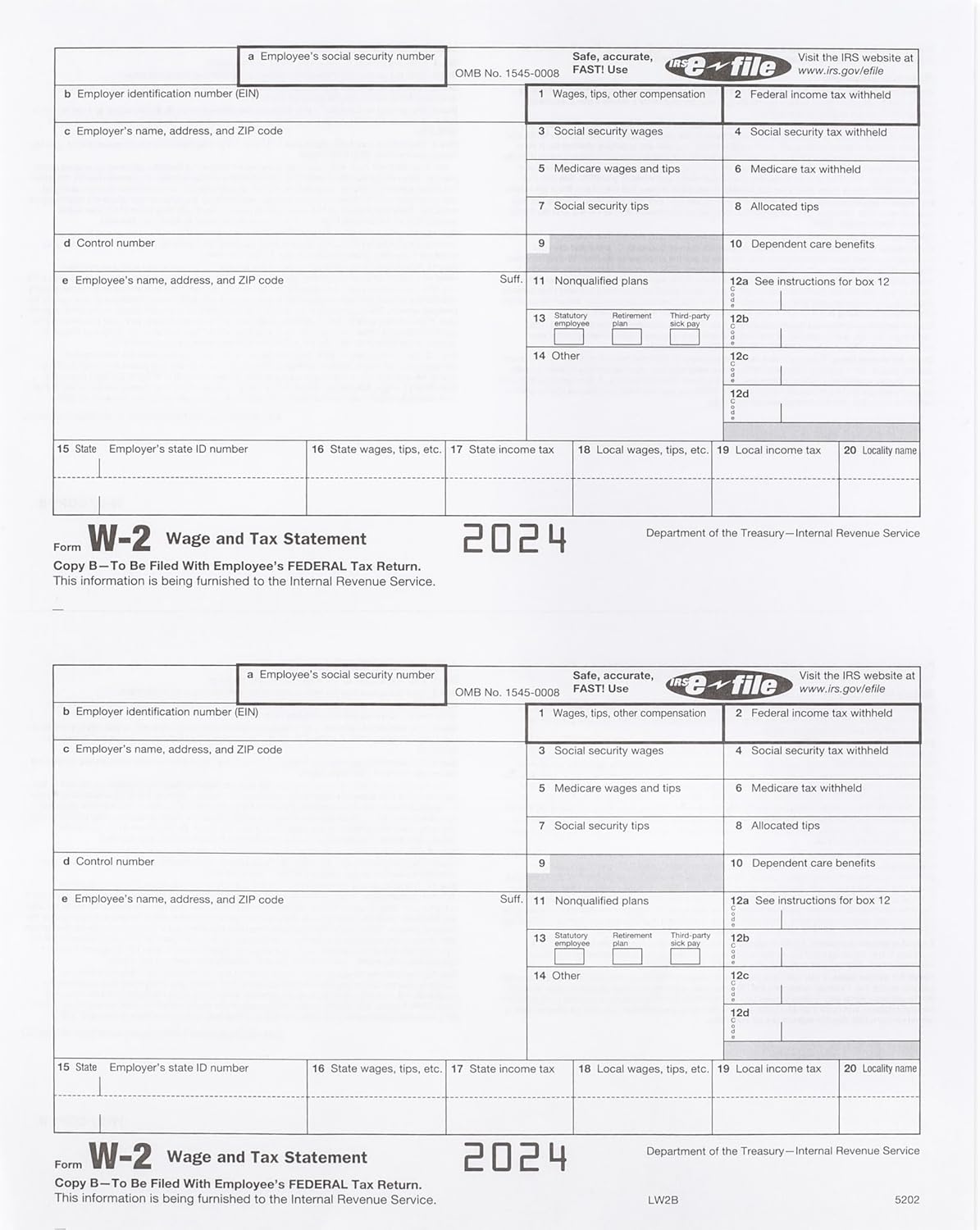 2024 W-2 Tax Forms, 4-Part Kit for 25 Employees, IRS-Compatible with 25 Self-Sealing Envelopes