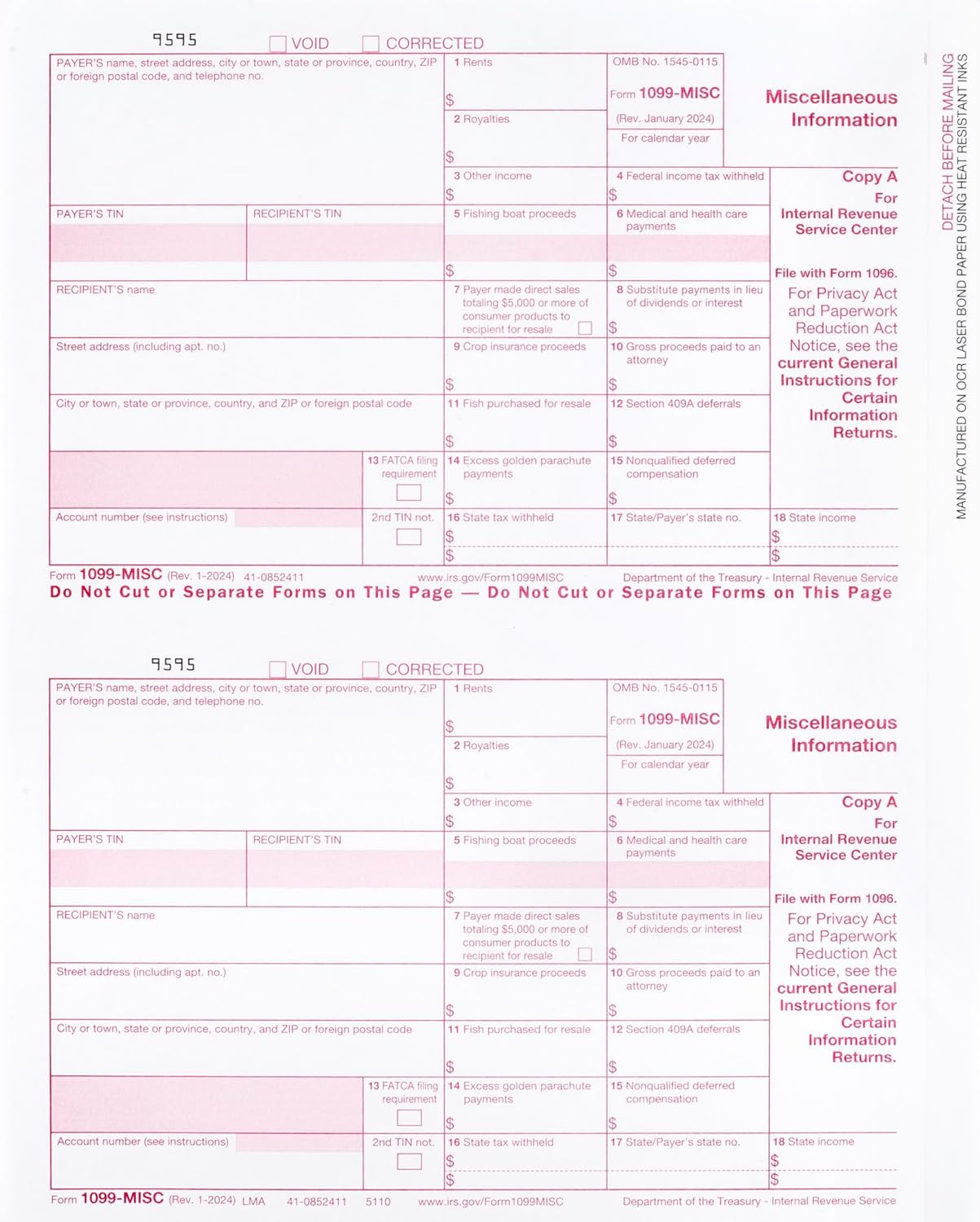 2024 1099-MISC Forms, 4-Part, 10 Pack with Envelopes