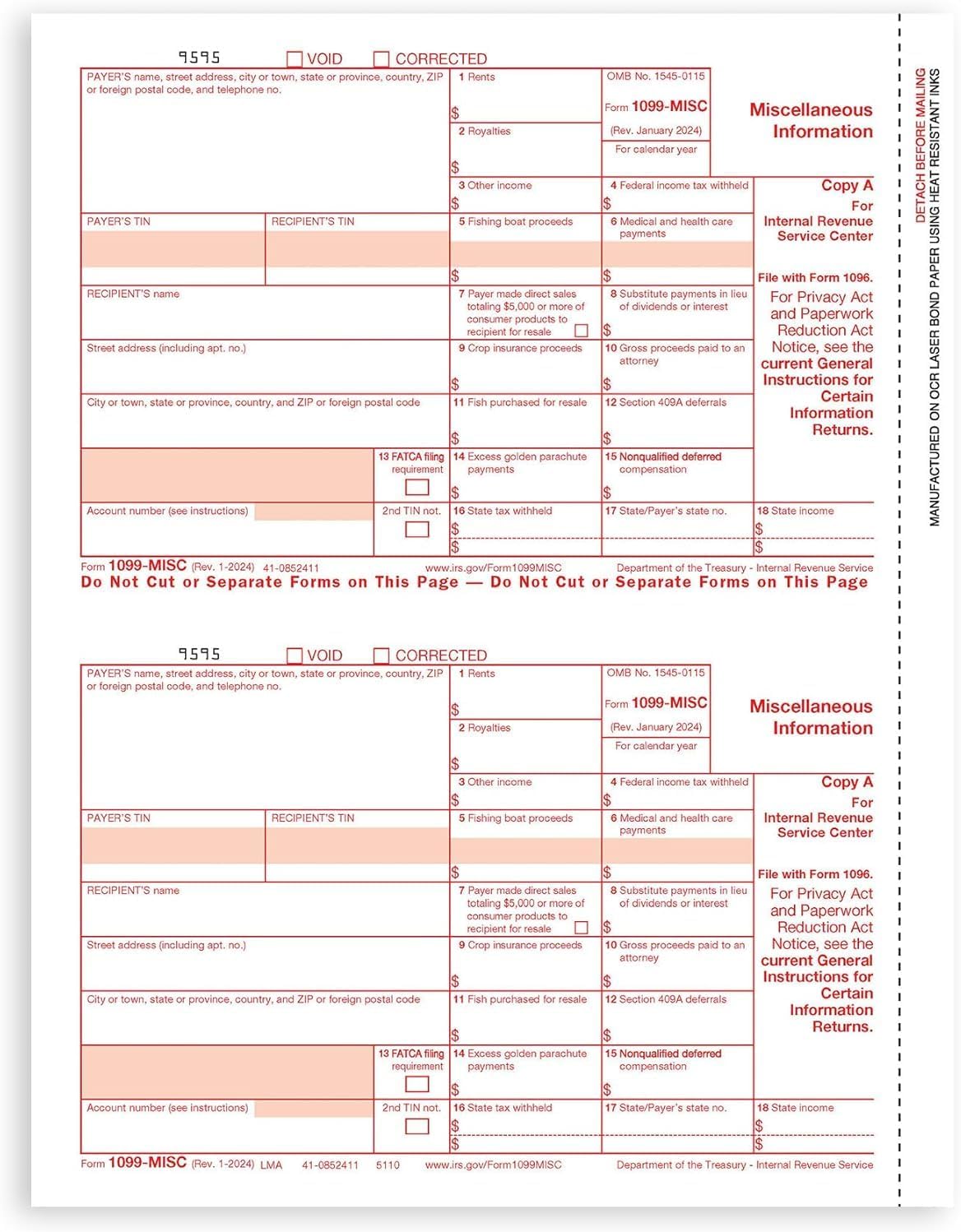 2024 1099-MISC Forms, 25 Pack with TaxRight Software & Envelopes