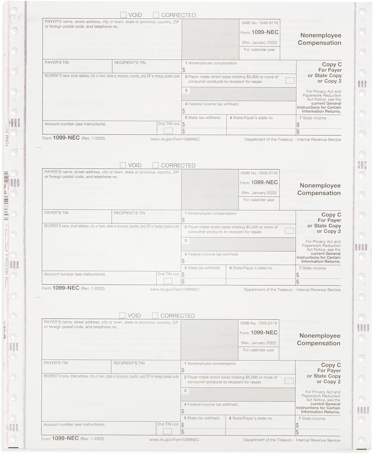 2024 1099-NEC Forms, 3 Part, 25 Pack