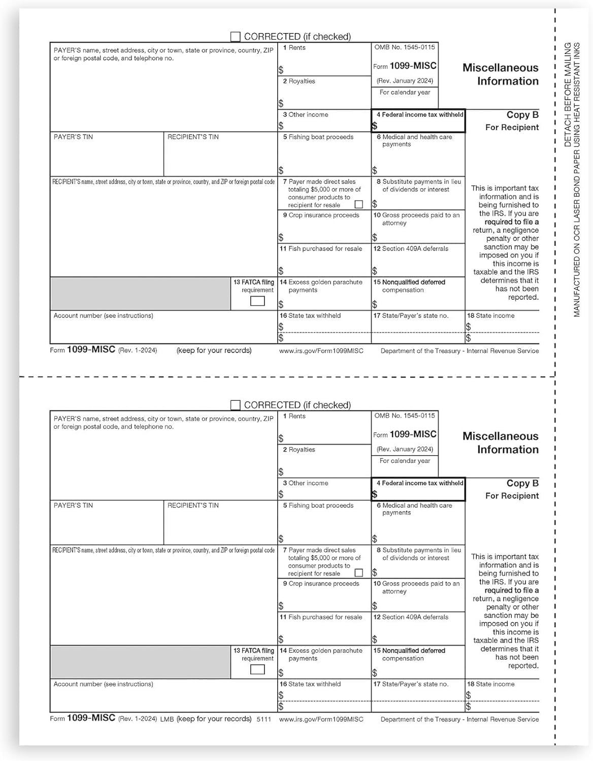 2024 1099-MISC Forms, 25 Pack with TaxRight Software & Envelopes
