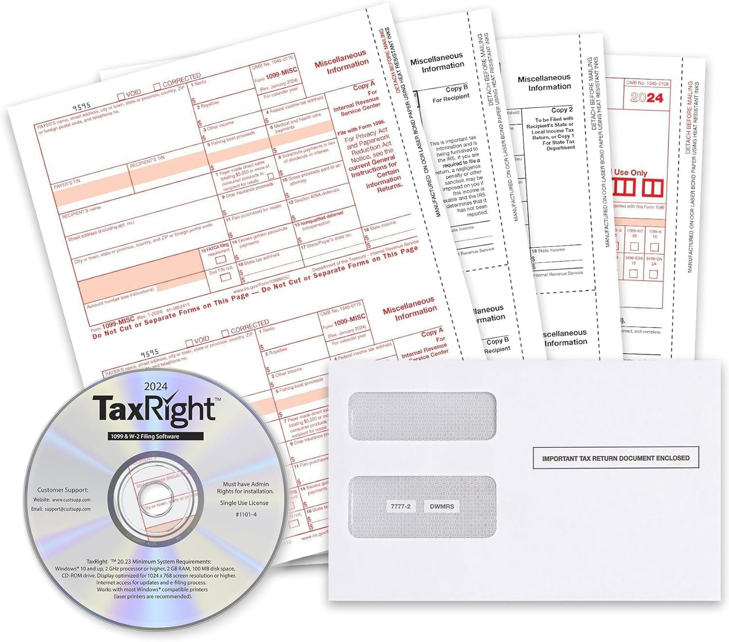 2024 1099-MISC Forms, 4 Part, 50 Pack with Envelopes and TaxRight CD