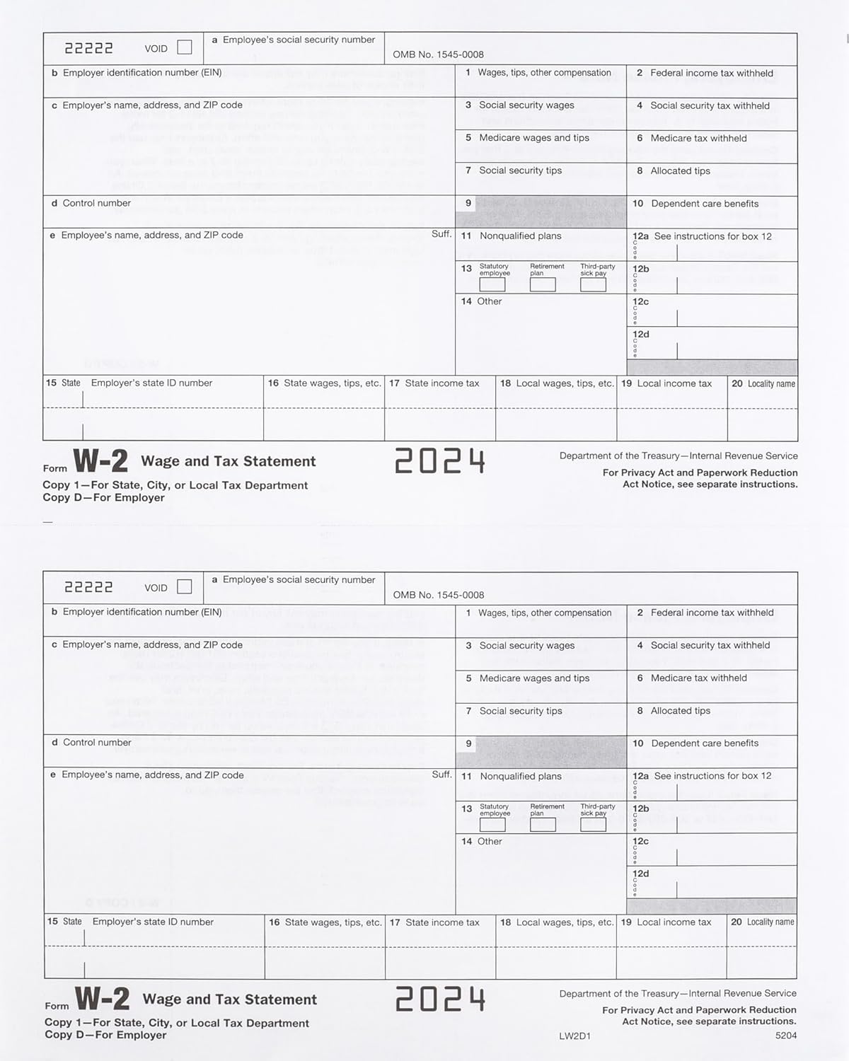 2024 W-2 Tax Forms, 4-Part Kit for 25 Employees, IRS-Compatible with 25 Self-Sealing Envelopes