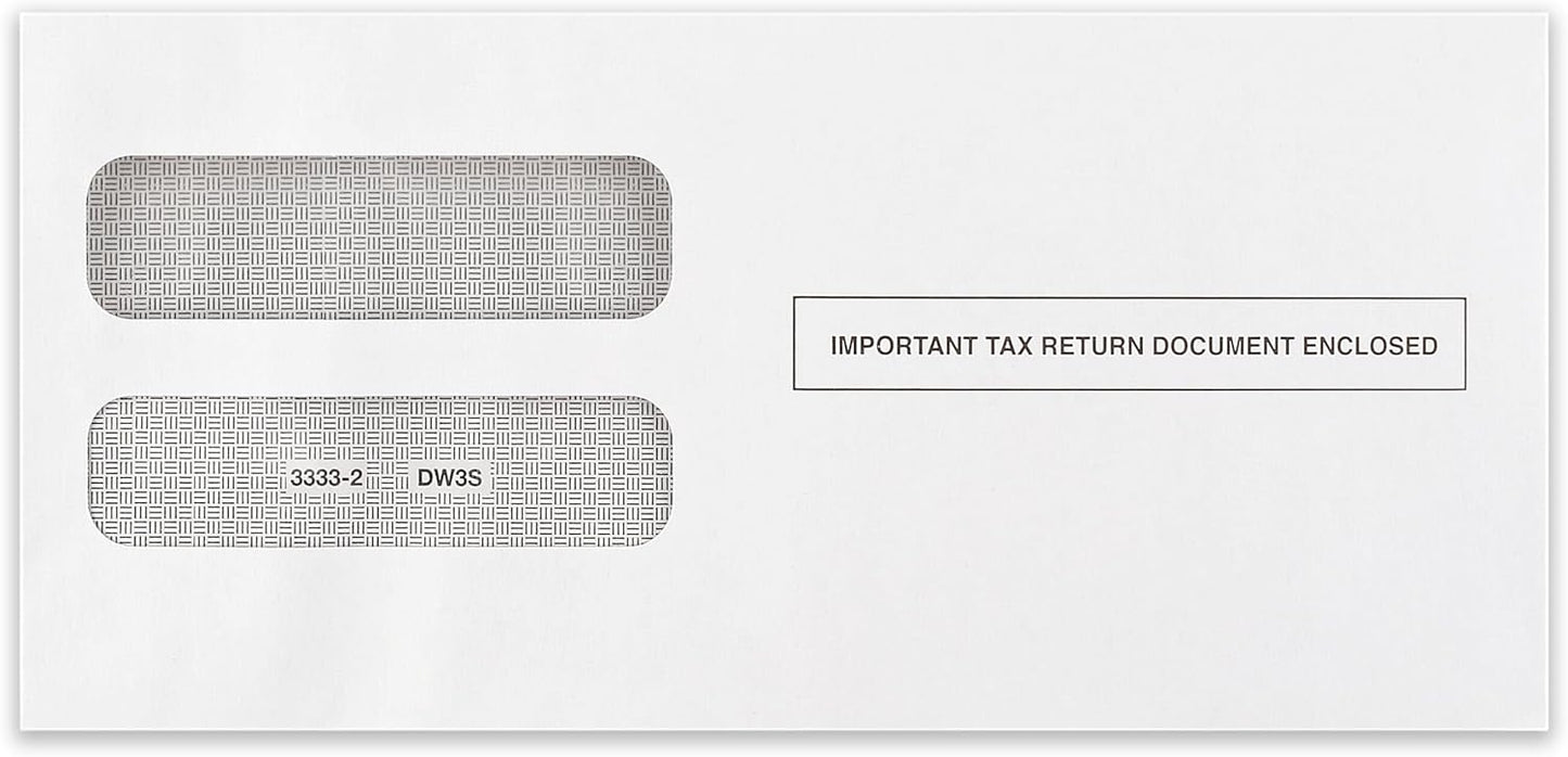 100 W-2 Envelopes, 3-Up Horizontal, Self-Seal, Double Window, Pack of 100.