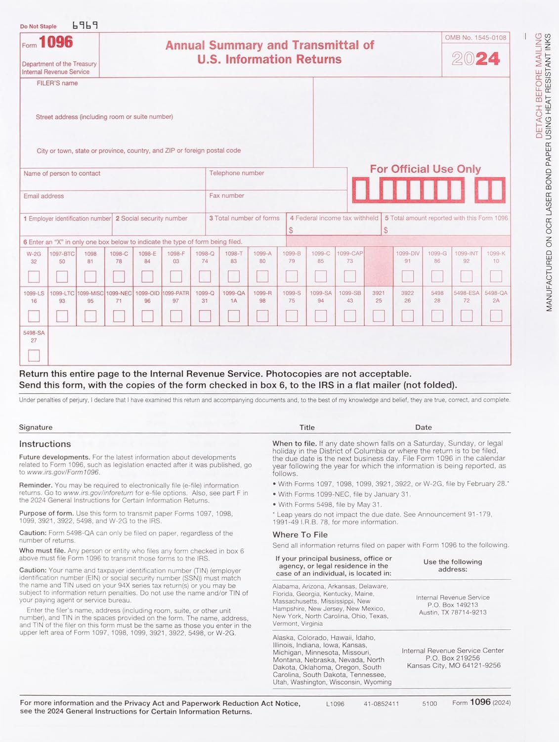 2024 1099-INT Forms, 10 Pack with Envelopes