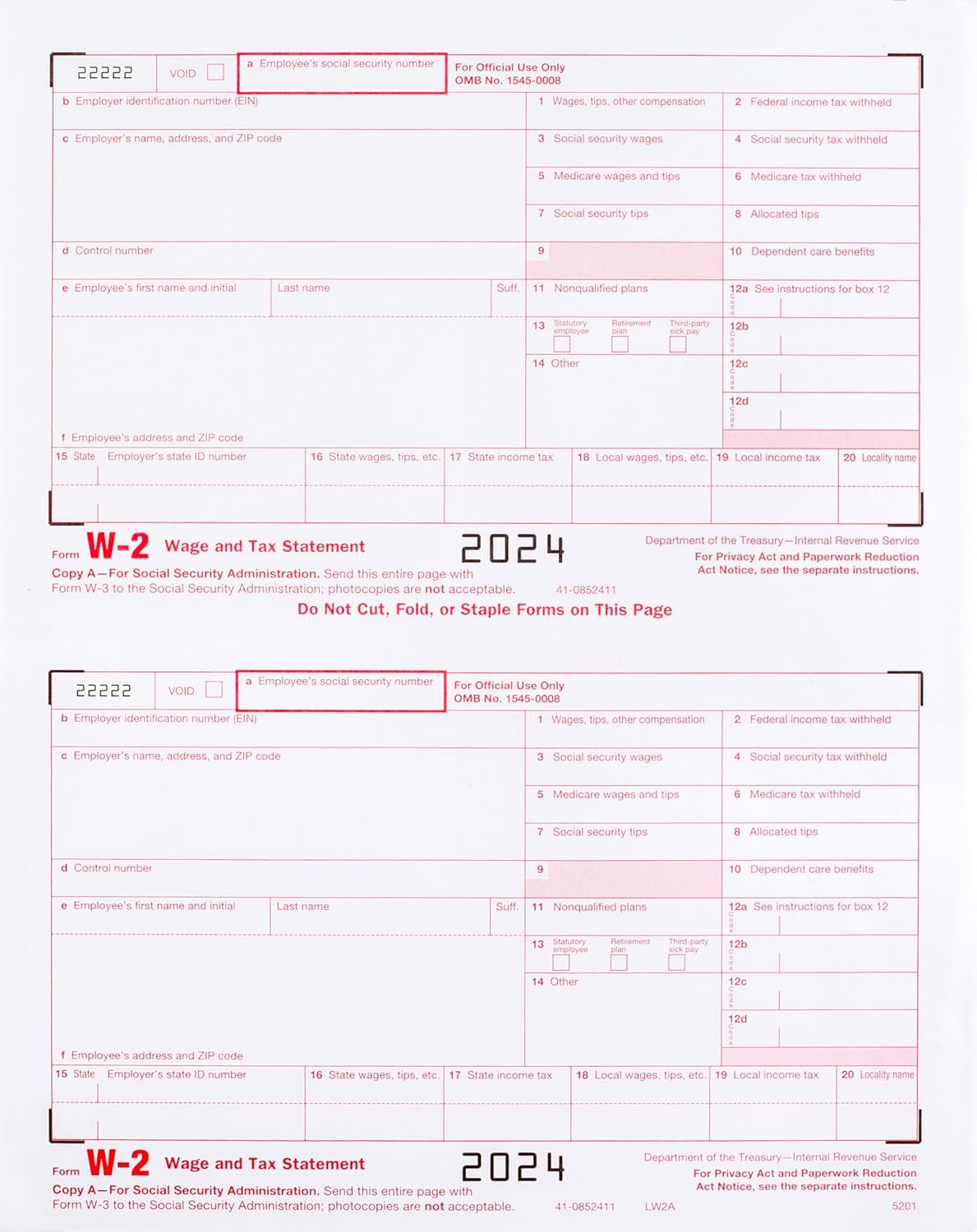 2024 W-2 Copy A Forms, Federal Income, 25 Pack
