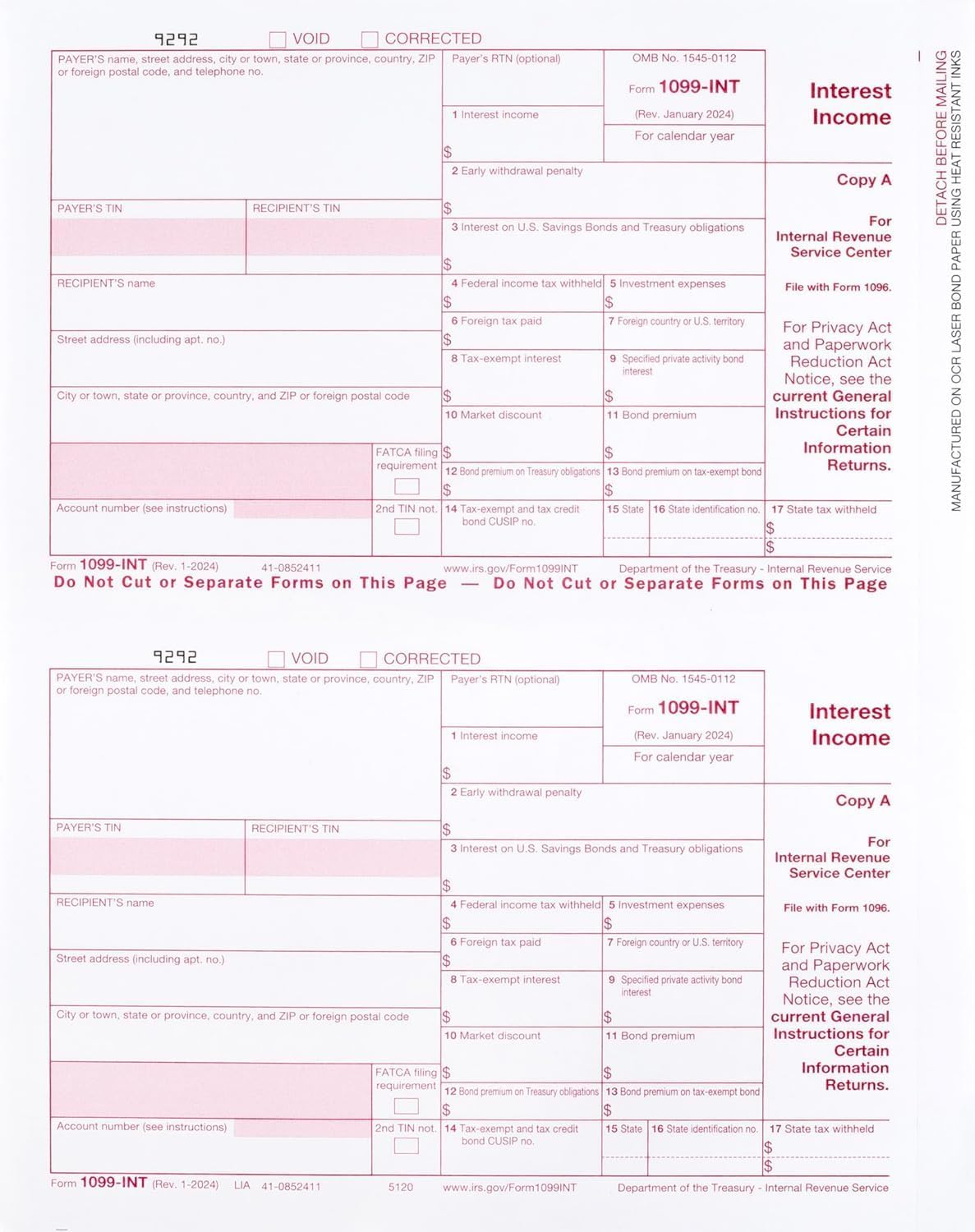 2024 1099-INT Forms, 10 Pack with Envelopes
