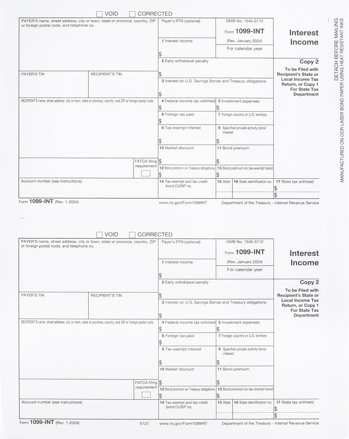 2024 1099-INT Forms, 10 Pack with Envelopes