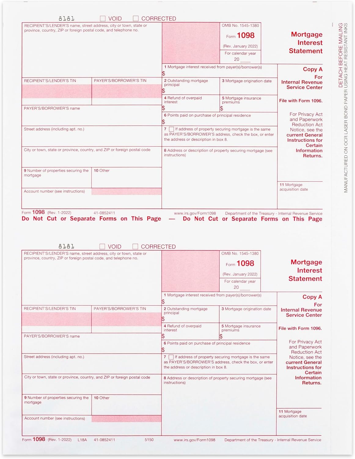 2024 1098 Mortgage Interest Forms, 3-Part, 50 Pack