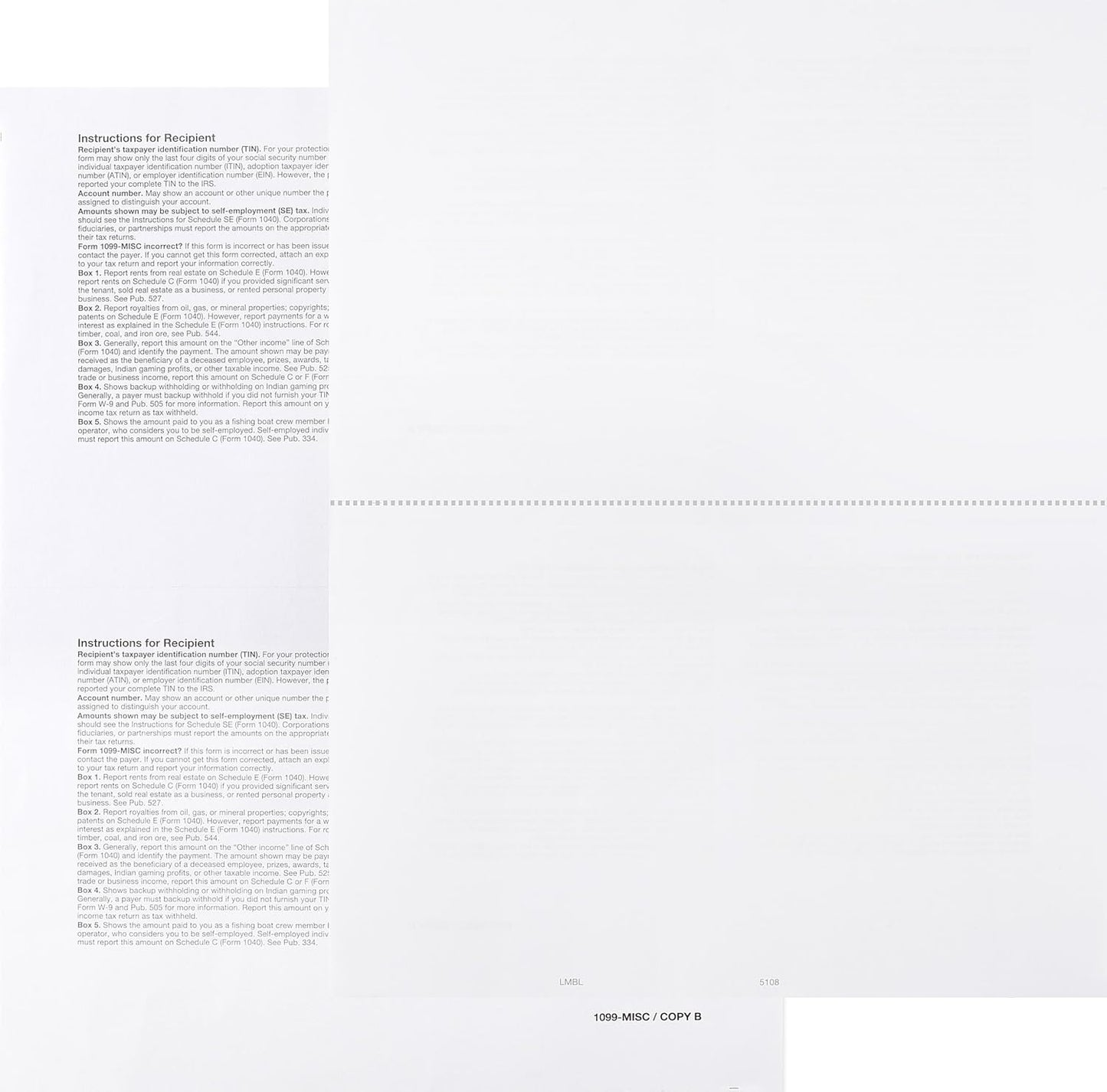 2024 1099 Misc 2-Up Blank Laser Forms, 100 Pack (50 Sheets) for 1099-MISC & 1099-R.