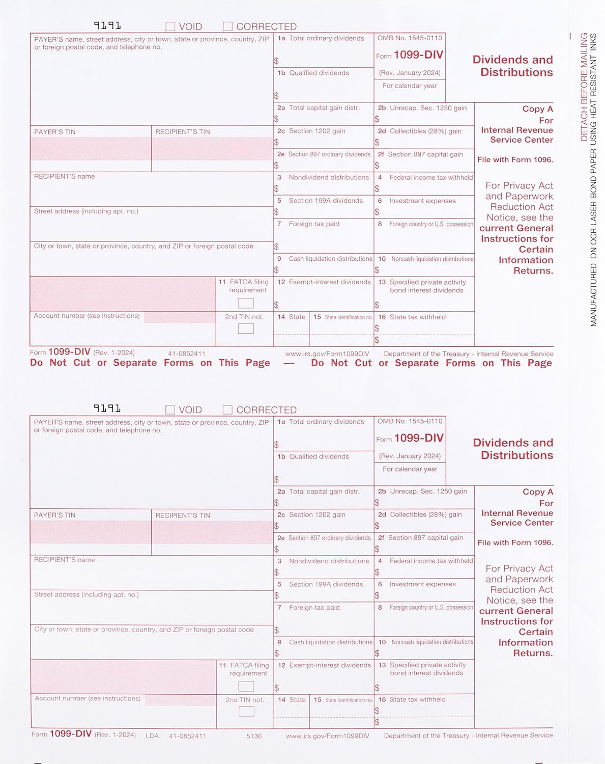 2024 1099-DIV Forms, 4-Part Set for 10 Vendors with 1096 & Envelopes