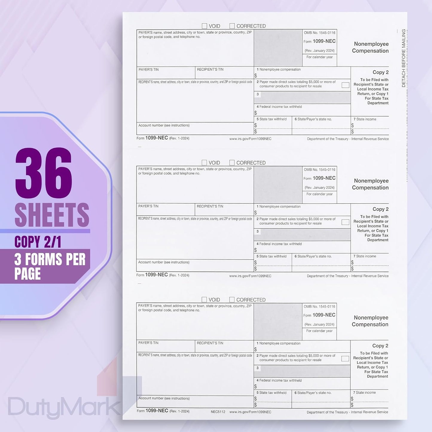 2024 1099-NEC Forms, 4 Part, 50 Pack with Envelopes