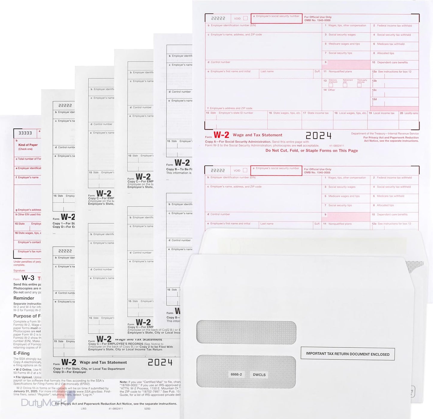 2024 W-2 Forms, 6-Part Kit for 50 Employees with W-3 & 50 Envelopes