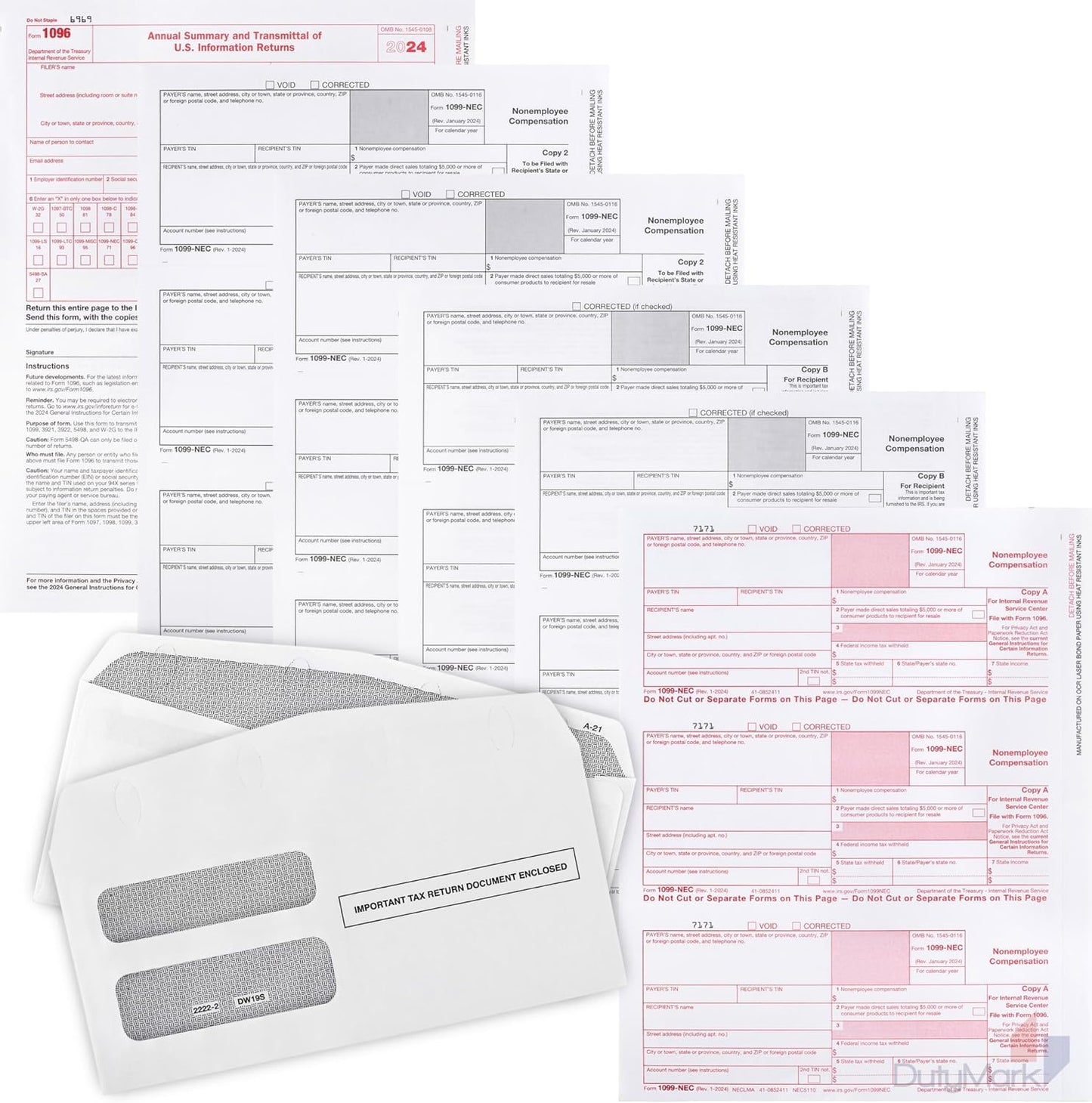 2024 1099-NEC Forms, 4 Part, 50 Pack with Envelopes