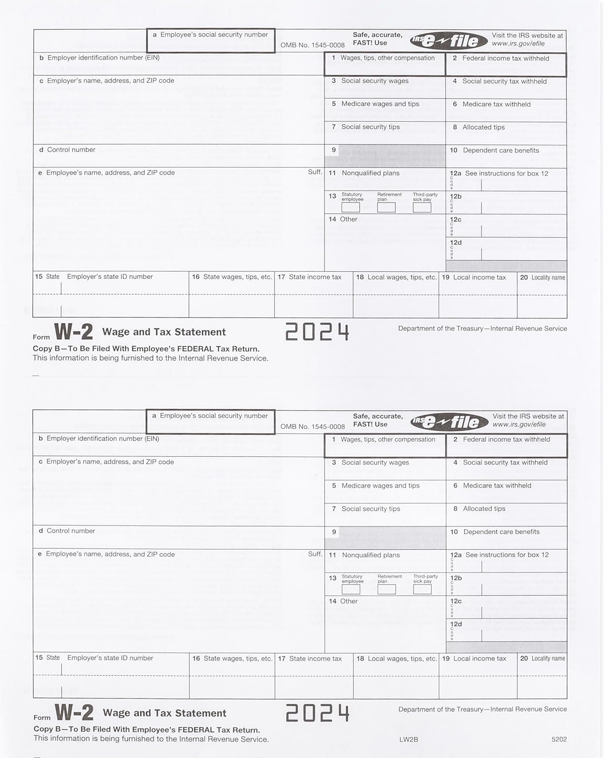 2024 W-2 Tax Forms, 4-Part, 25 Employees, QuickBooks Compatible