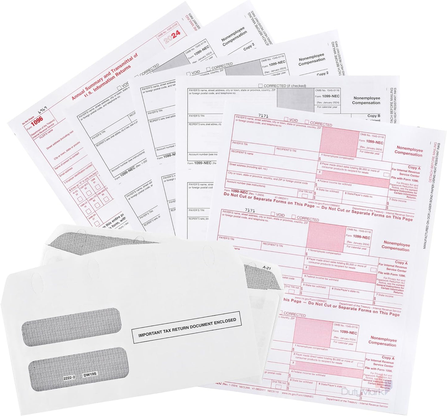2024 1099-NEC Forms, 4 Part, 15 Pack with Envelopes