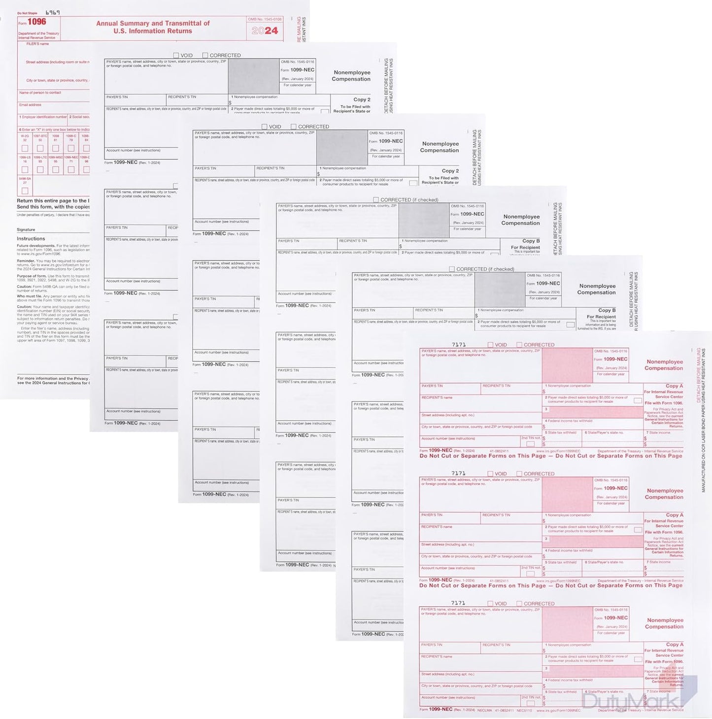 1099-NEC Forms 2024, 3 Part, 100 Pack