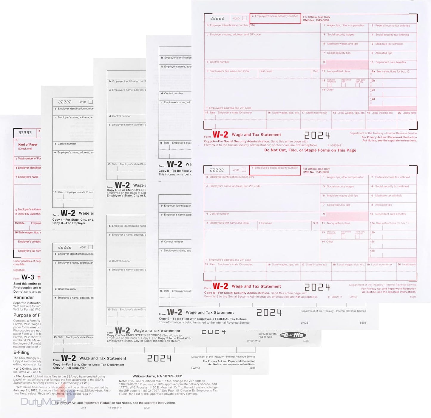 2024 W-2 Tax Forms, 4-Part, 25 Employees, QuickBooks Compatible