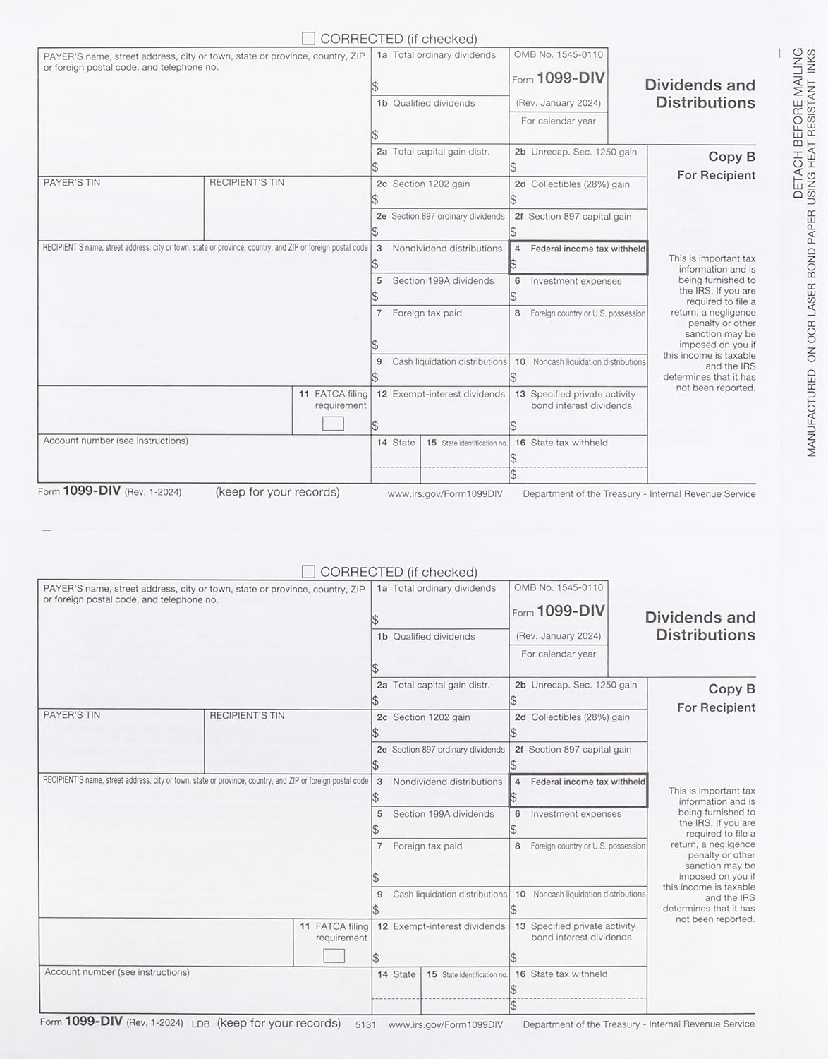 2024 1099-DIV Forms, 4-Part Set for 10 Vendors with 1096 & Envelopes
