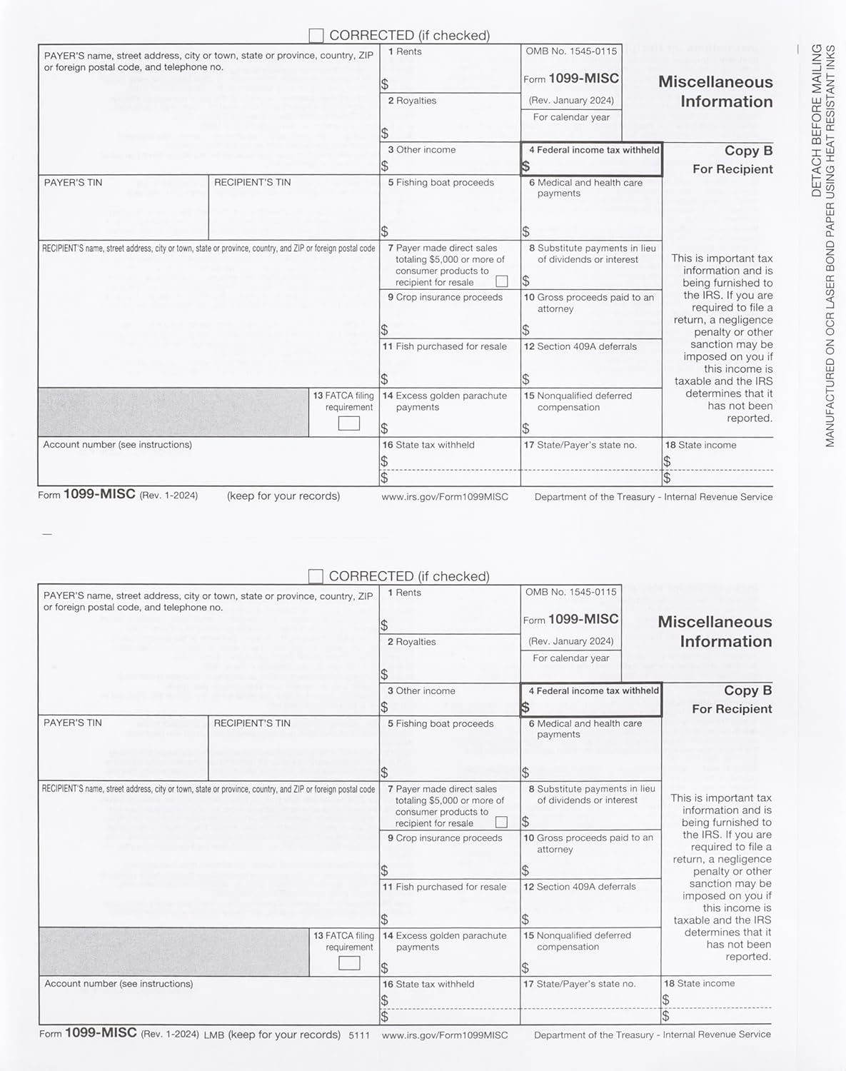 2024 1099-MISC Forms, 4-Part, 10 Pack with Envelopes