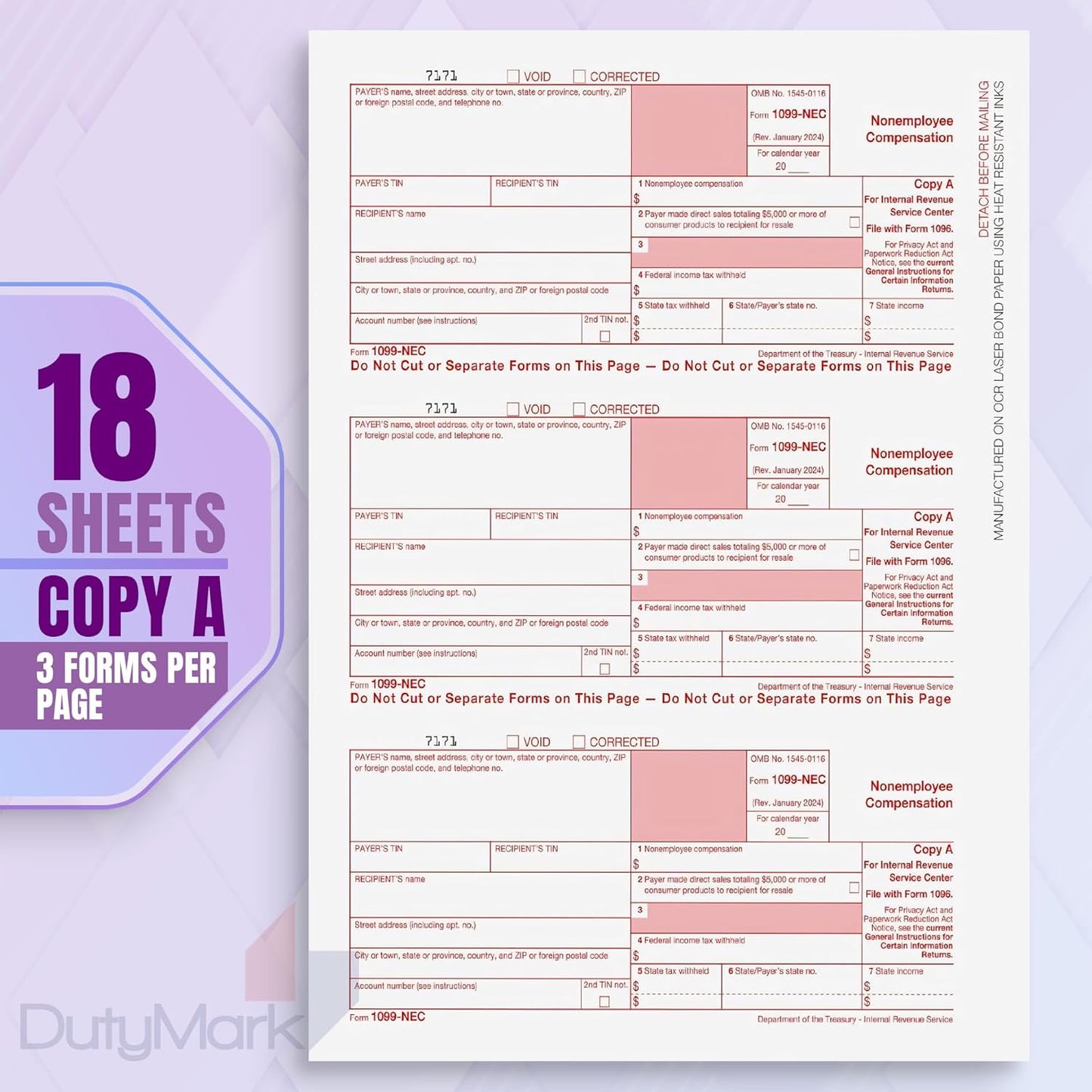 2024 1099-NEC Forms, 4 Part, 50 Pack with Envelopes