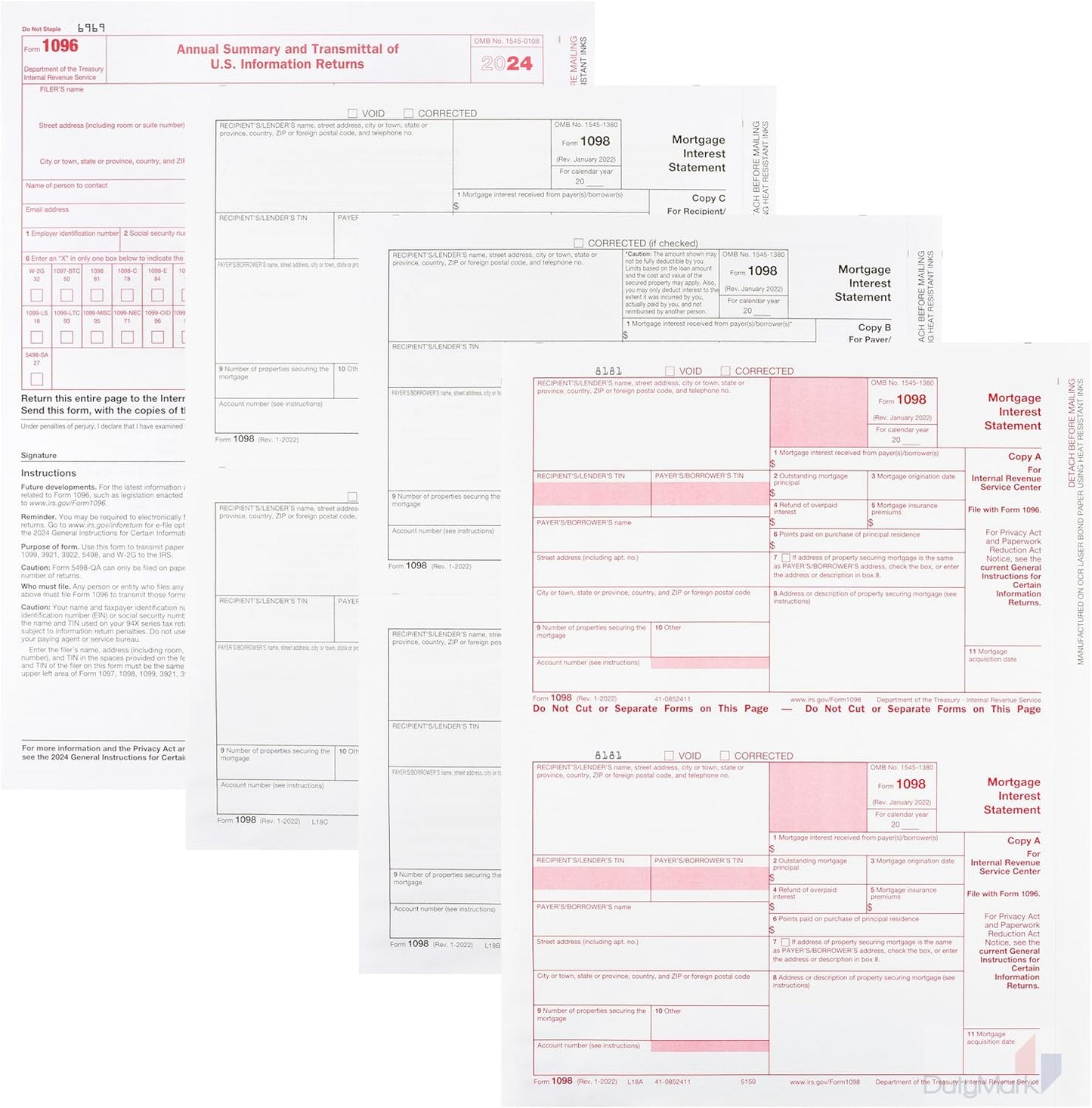 2024 1098 Mortgage Interest Forms, 3-Part, 50 Pack