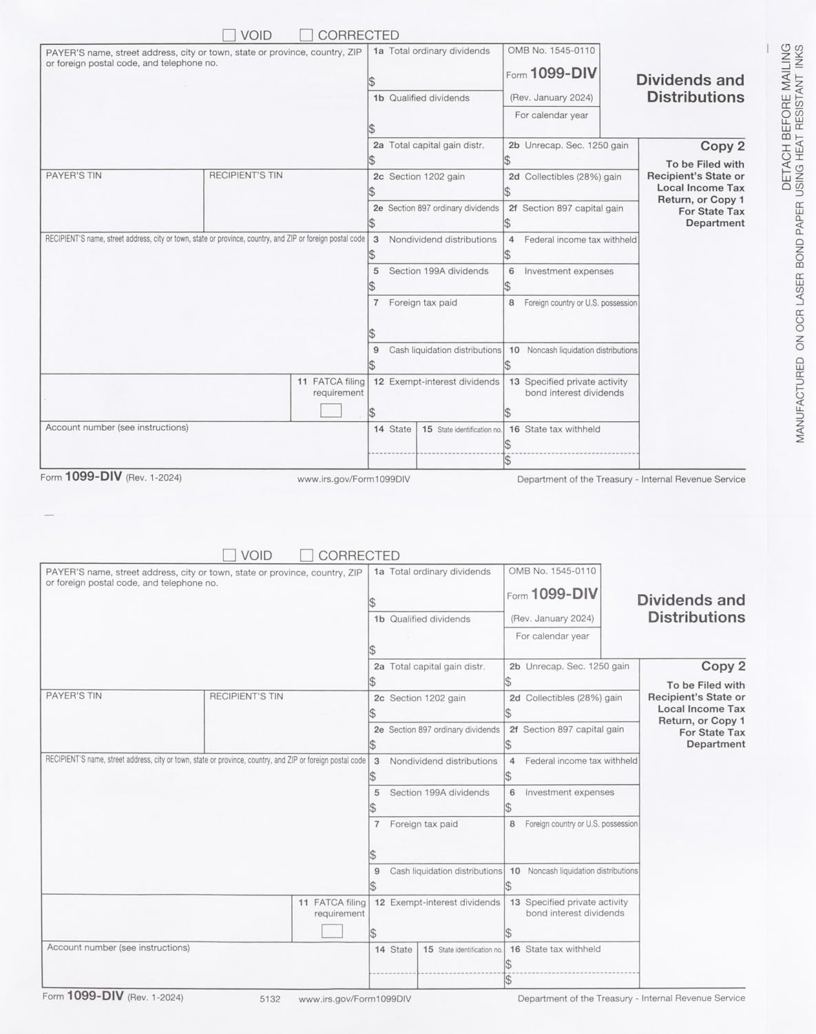 2024 1099-DIV Forms, 4-Part Set for 10 Vendors with 1096 & Envelopes
