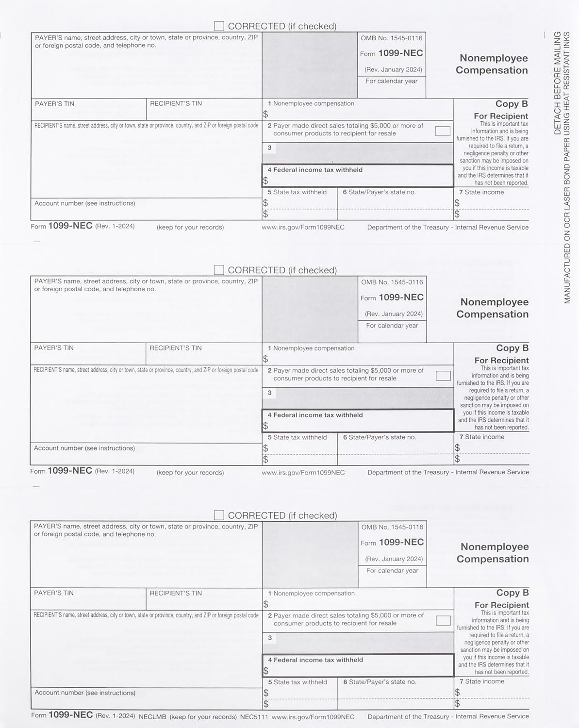 1099-NEC Forms 2024, 3 Part, 100 Pack