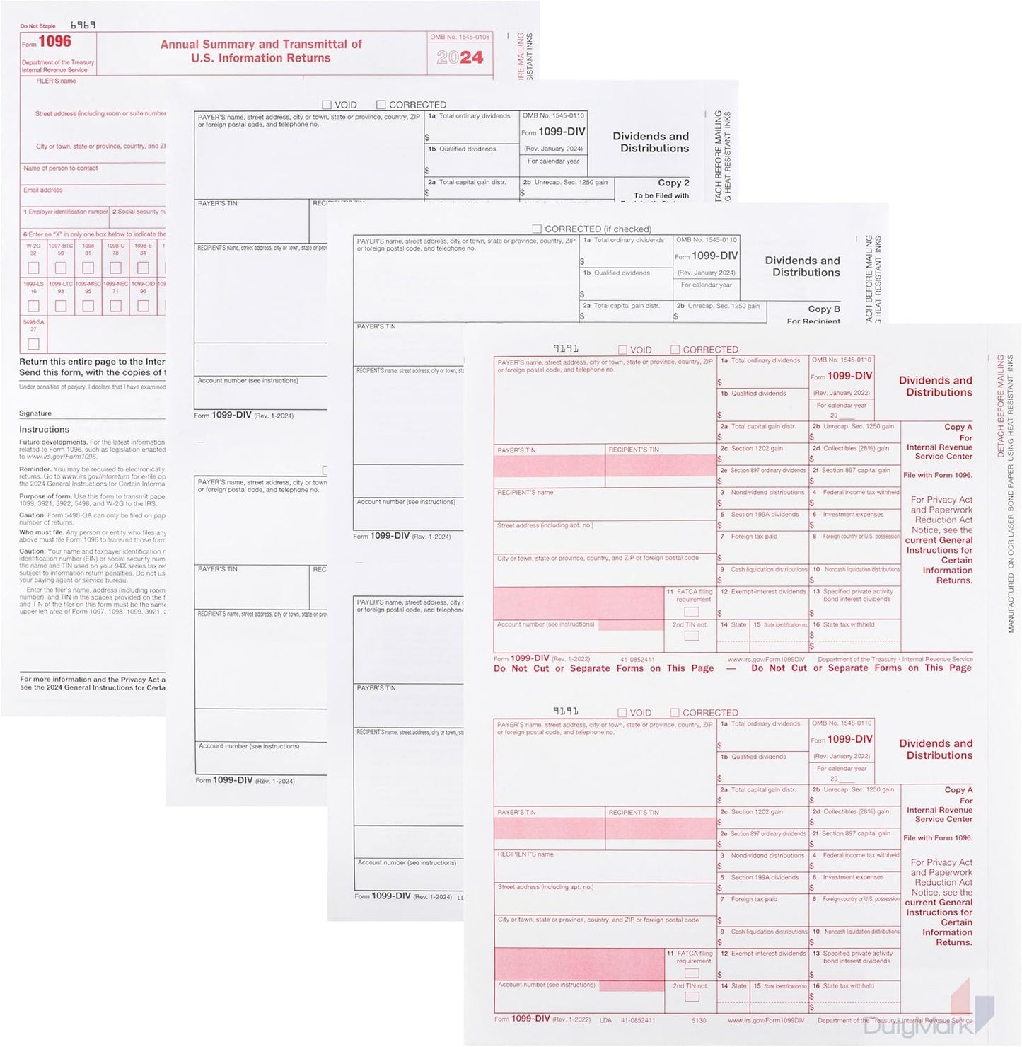 2024 1099-DIV Forms, 4-Part Set for 25 Vendors with 1096