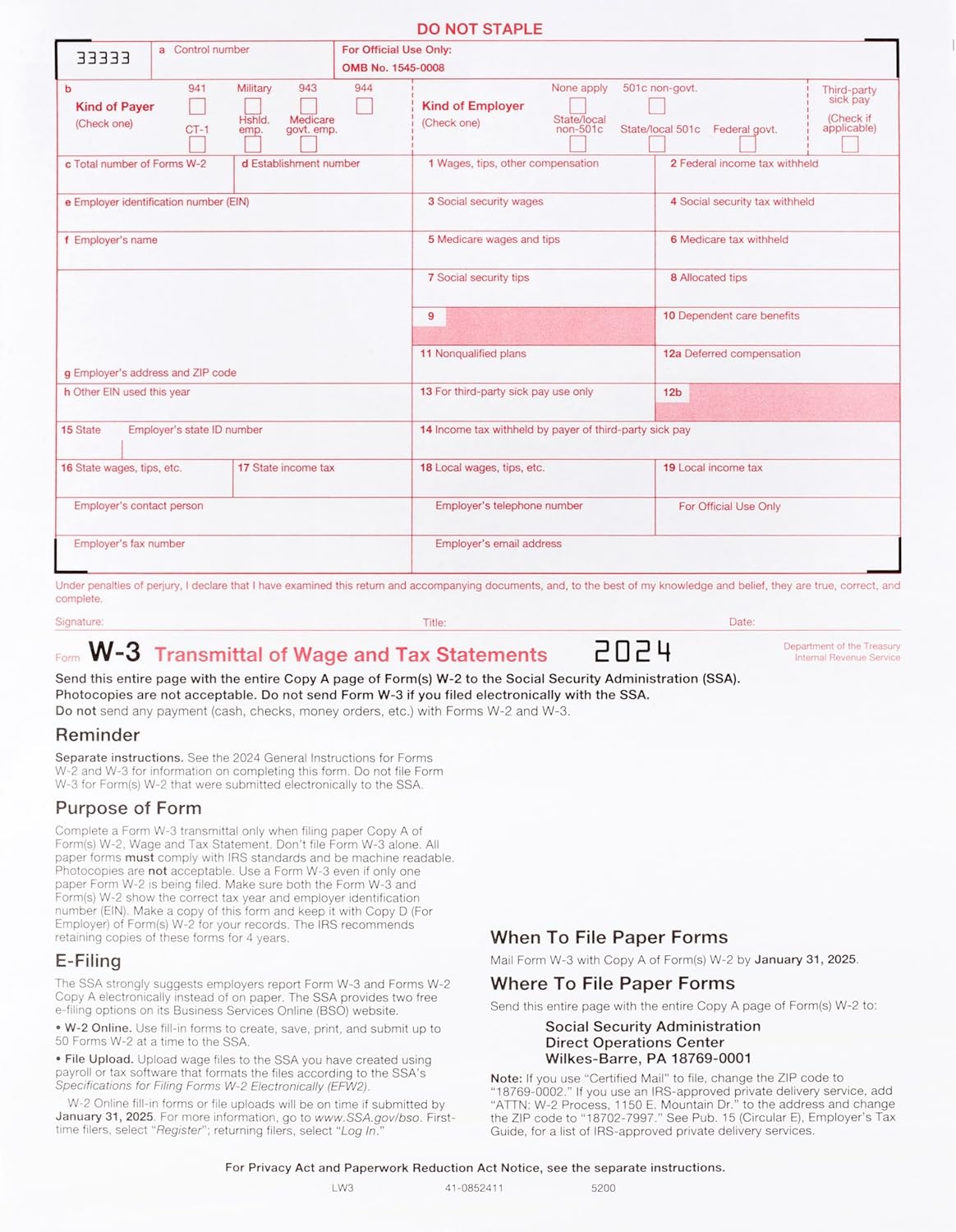 2024 W-2 Forms, 6-Part Kit for 25 Employees with W-3 Transmittal