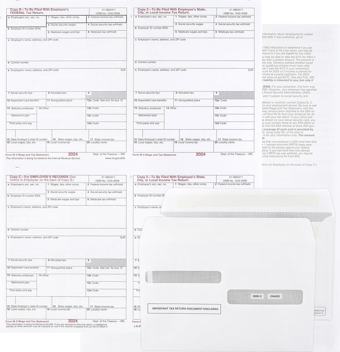 2024 W-2 4-Up Laser Forms, 25 Pack with Double-Window Envelopes
