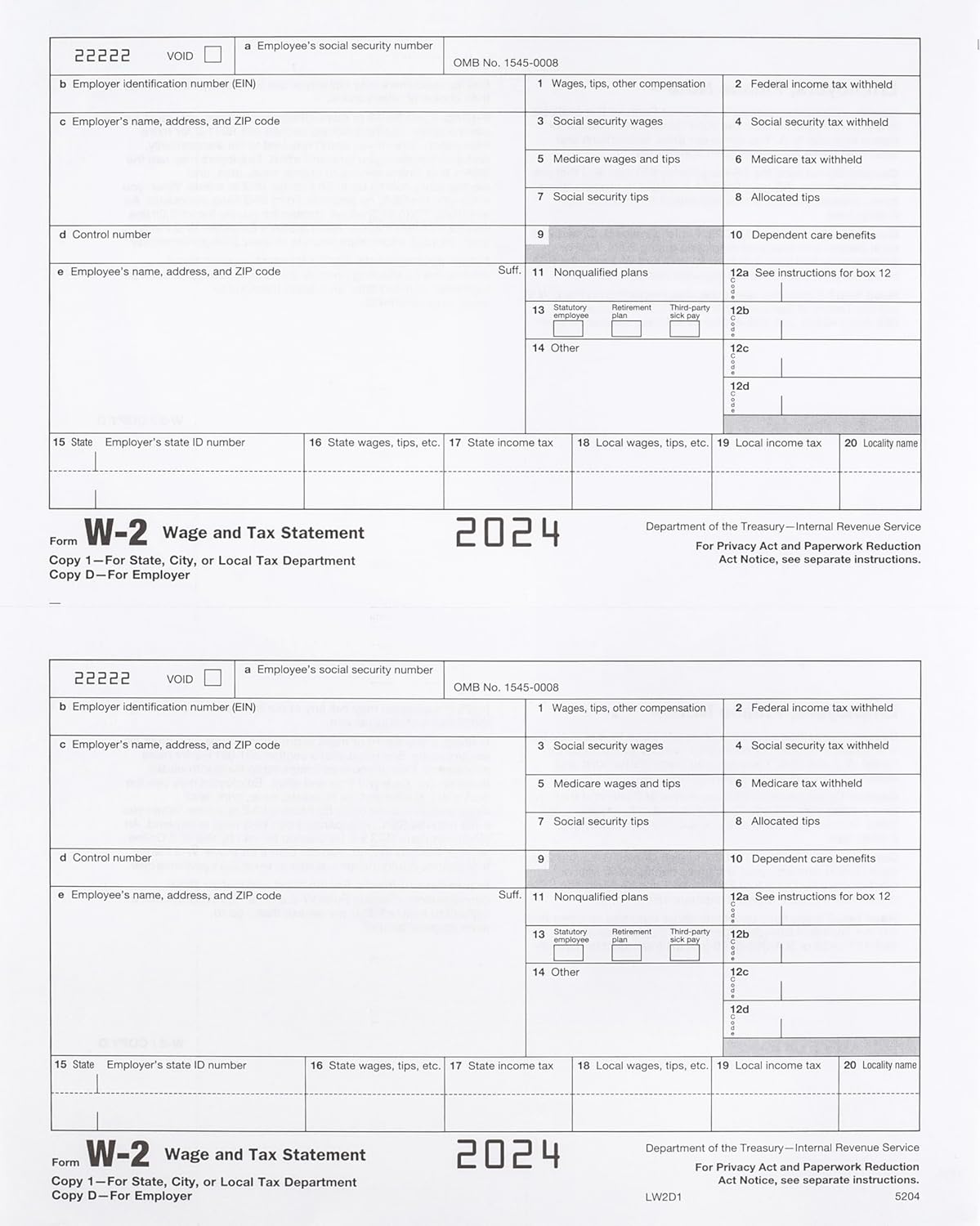 2024 W-2 Tax Forms, 4-Part, 25 Employees, QuickBooks Compatible