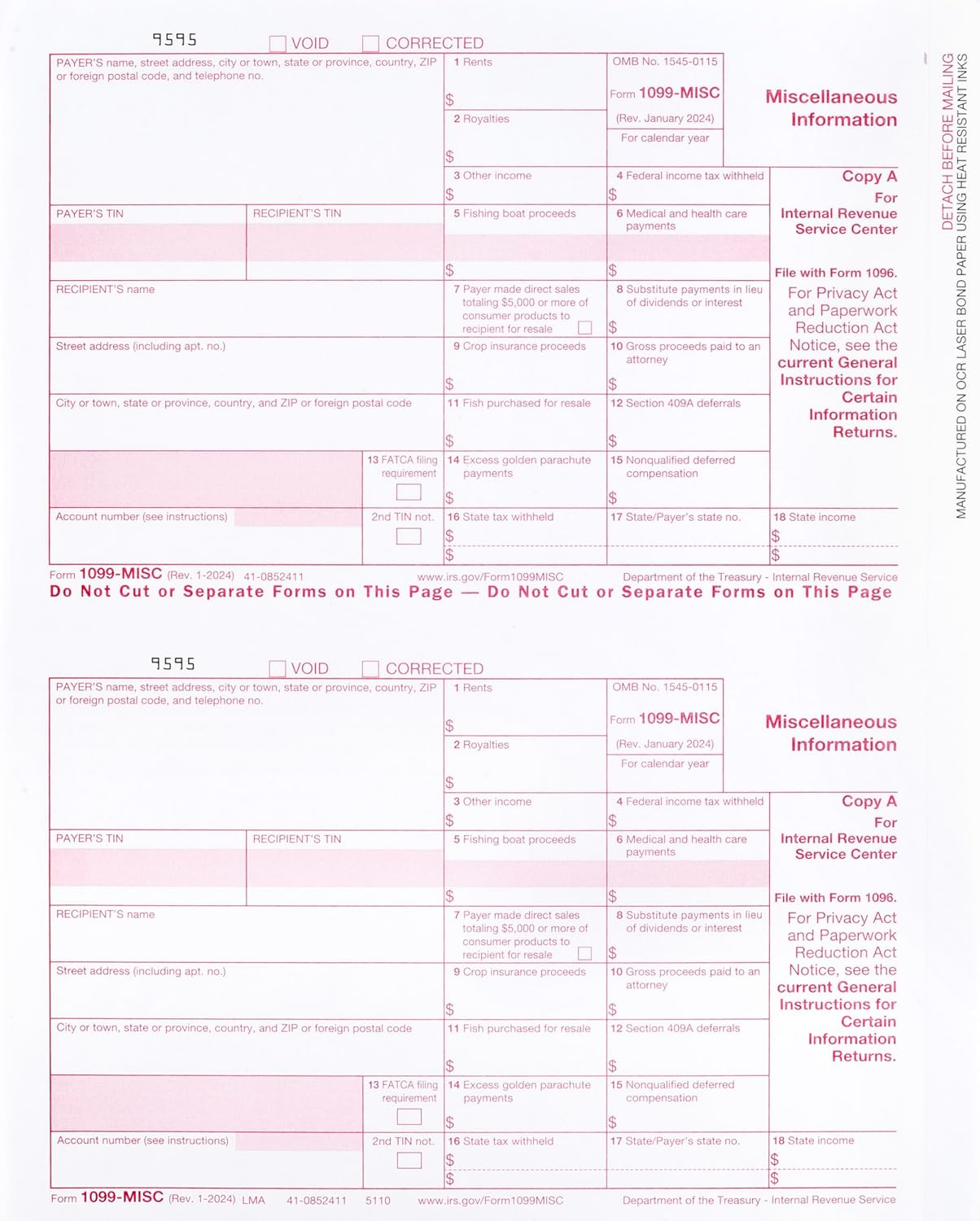 2024 1099-MISC Forms, 4 Part, 50 Pack with Envelopes and TaxRight CD