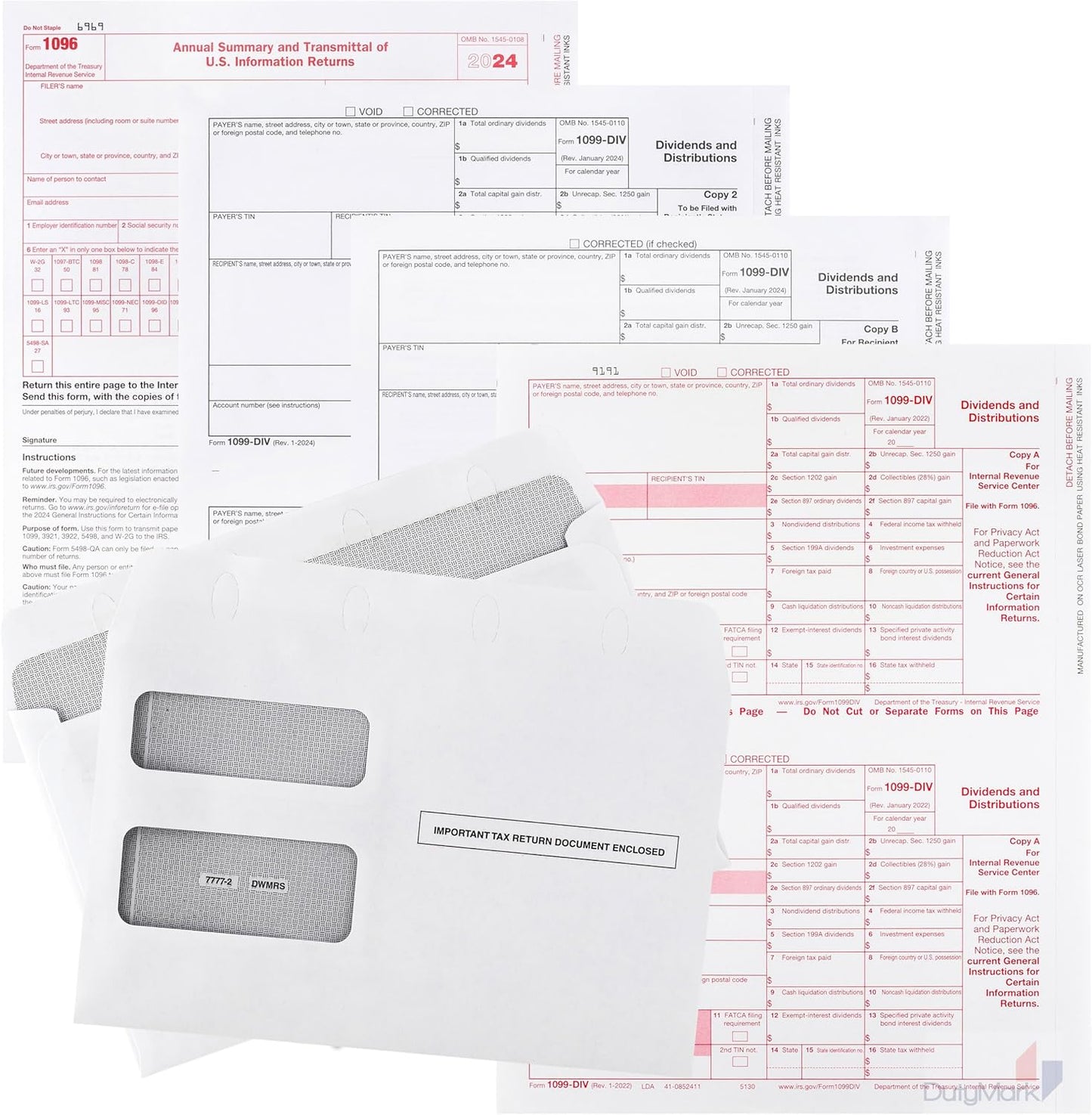 2024 1099-DIV Forms, 4-Part Set for 10 Vendors with 1096 & Envelopes