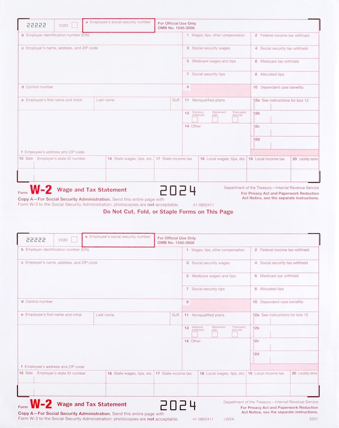 2024 W-2 Tax Forms, 4-Part, 25 Employees, QuickBooks Compatible
