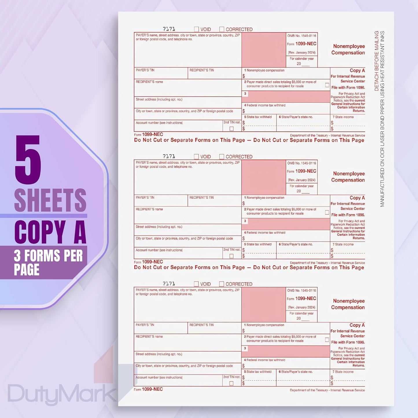 2024 1099-NEC Forms, 4 Part, 15 Pack with Envelopes