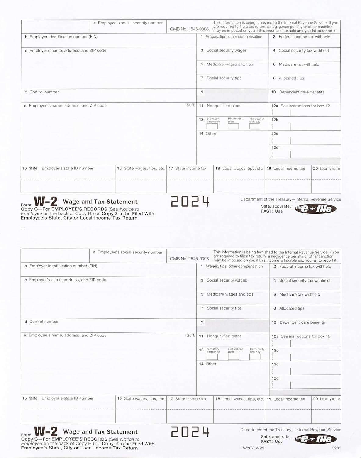 2024 W-2 Forms, 6-Part Kit for 25 Employees with W-3 Transmittal
