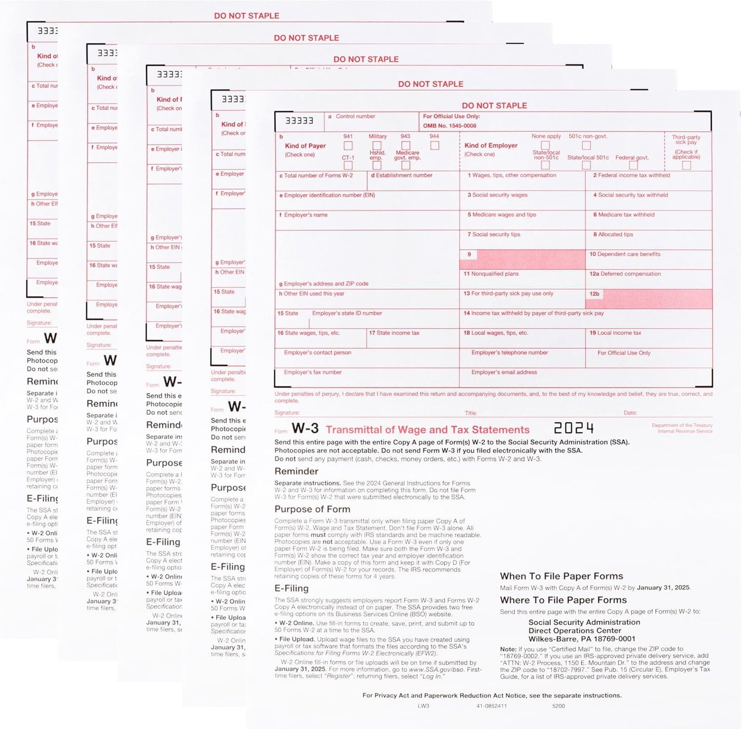 2024 W-3 Transmittal Forms, 10 Pack