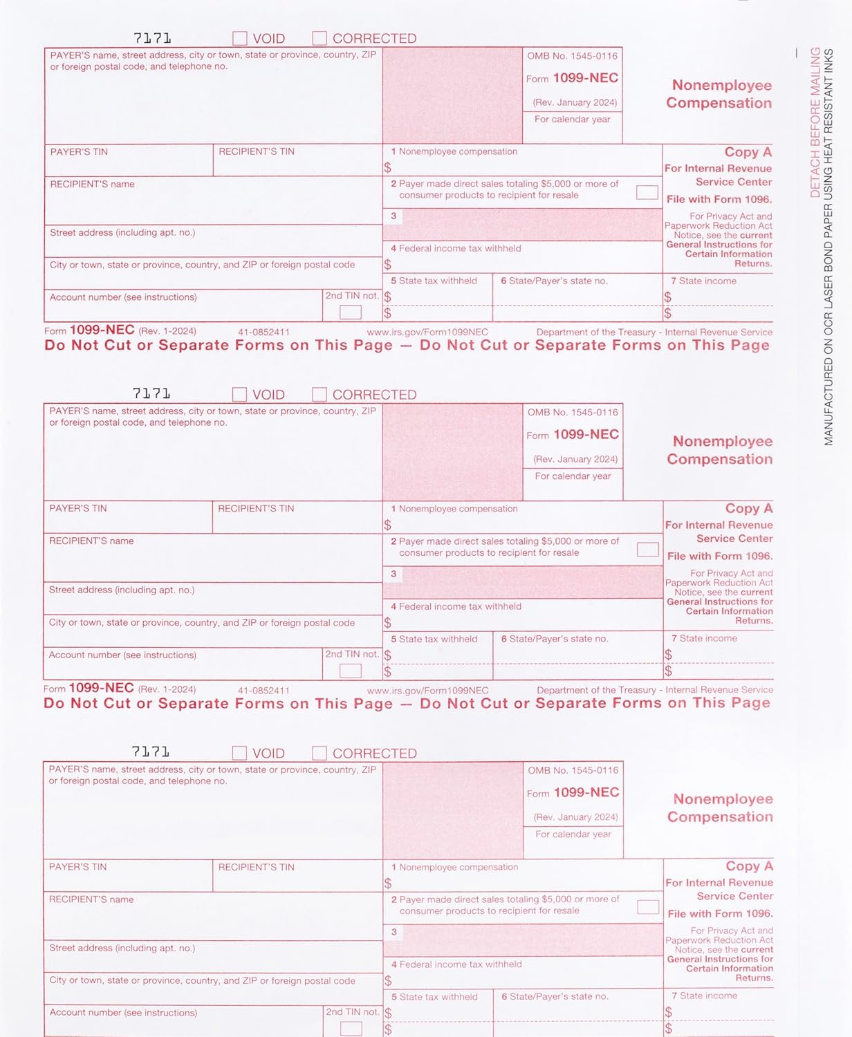 2024 1099-NEC Forms, 4 Part, 25 Pack, QuickBooks Ready