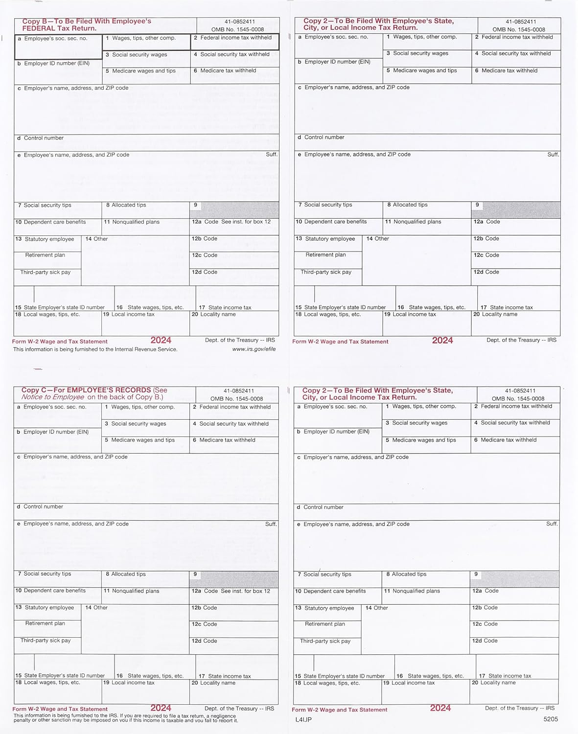2024 W-2 4-Up Laser Forms, 25 Pack
