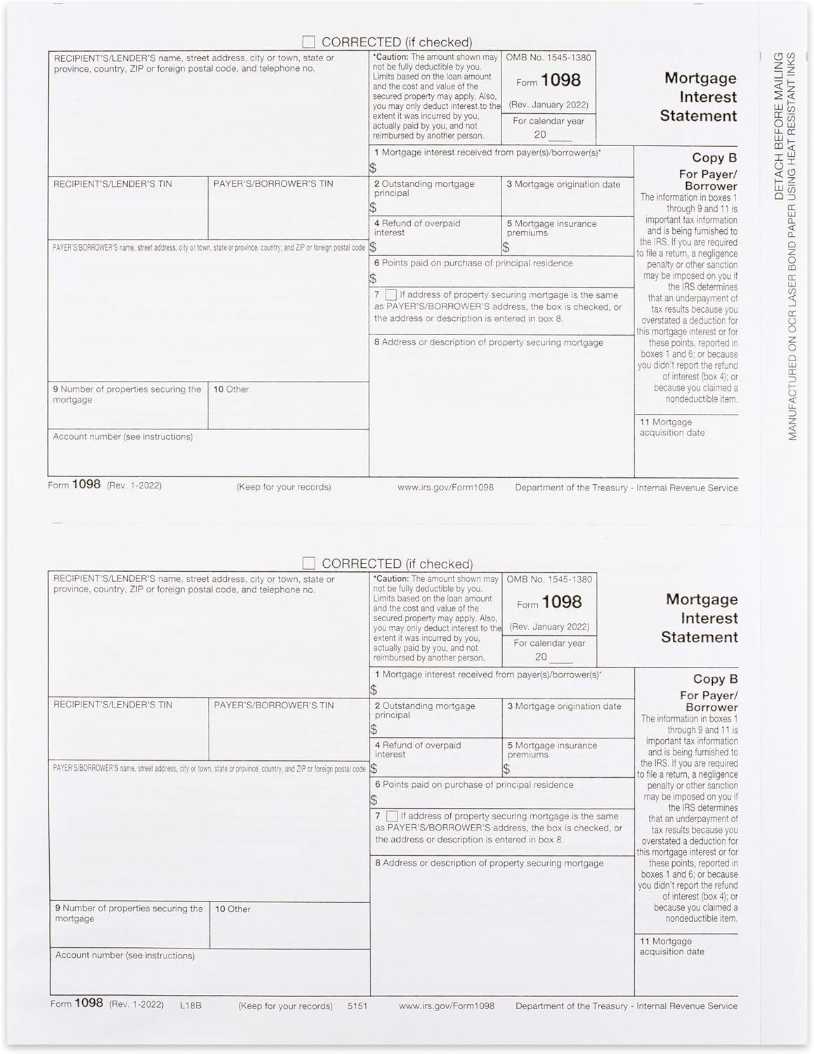 2024 1098 Mortgage Interest Forms, 3-Part, 50 Pack