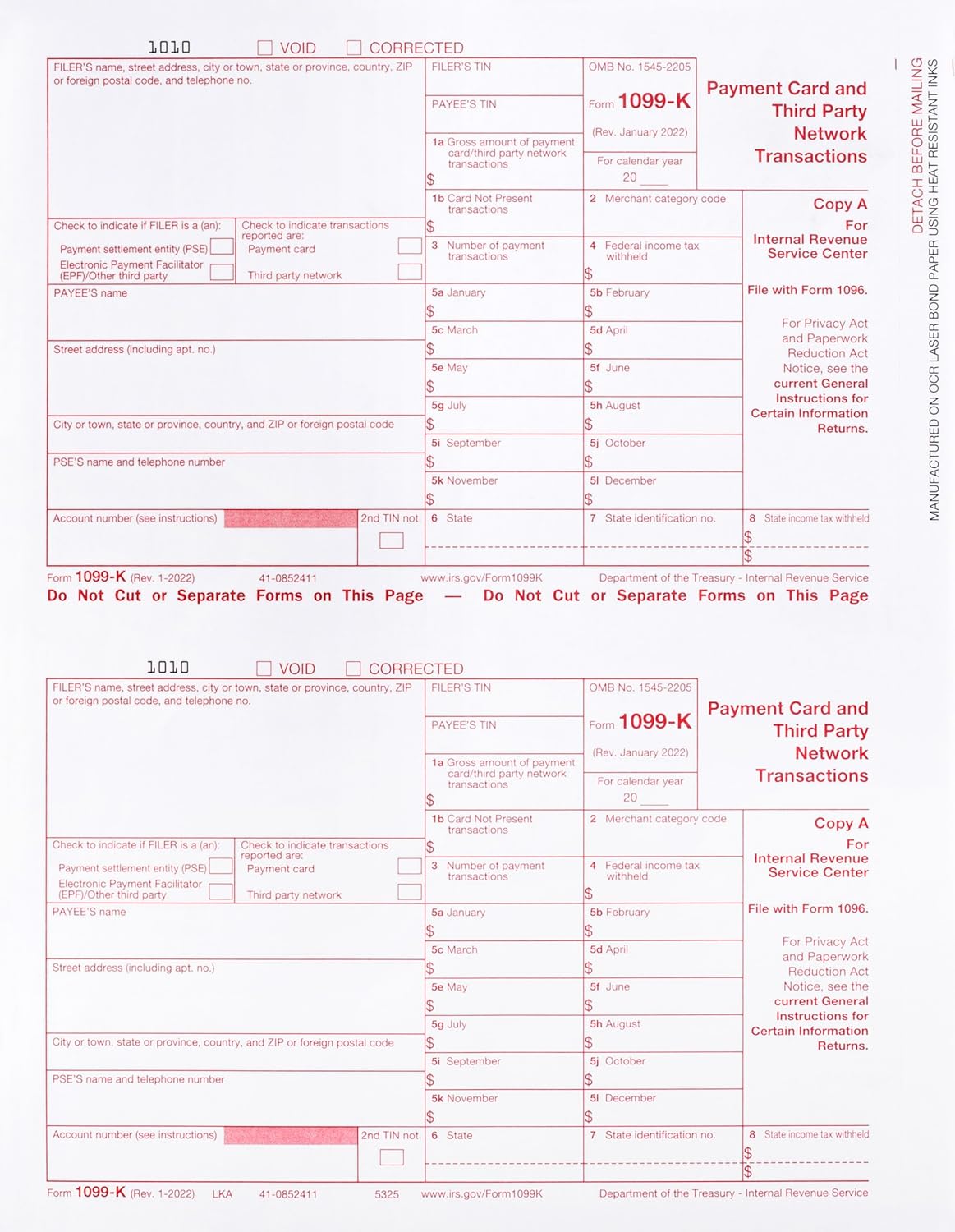 2024 1099-K Copy A Forms, IRS Federal, 100 Pack (50 Sheets)