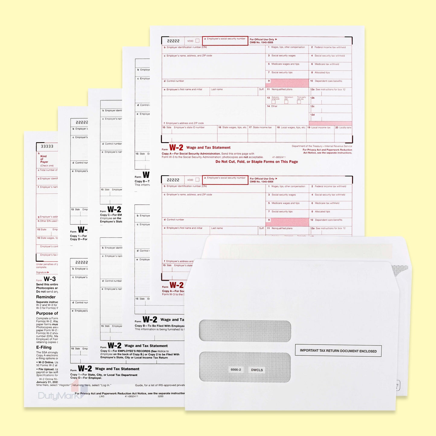 W-2 6 PART FORMS KIT FOR 25 EMPLOYEES WITH ENVELOPES