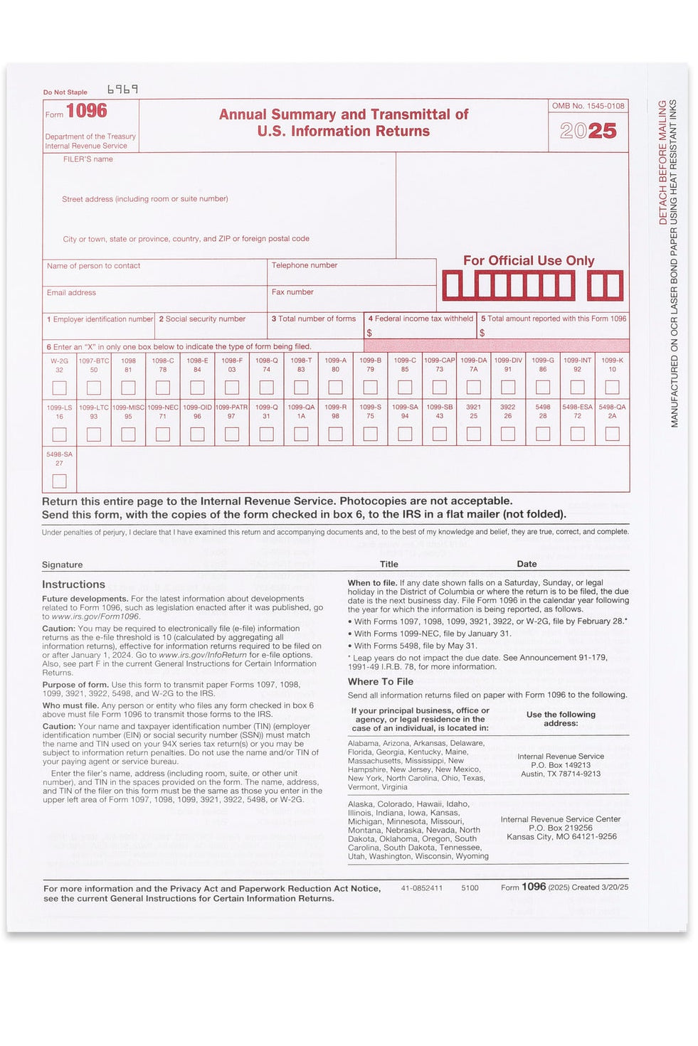 2025 1096 Transmittal Forms, 10 Pack